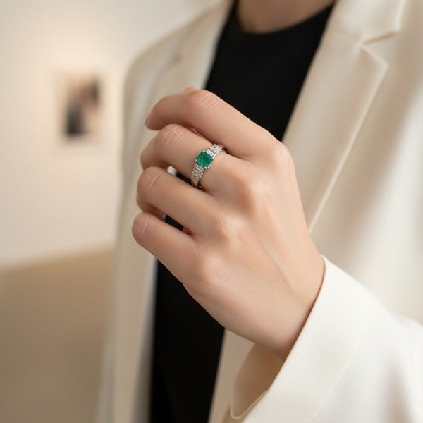 Emerald Ring Pt900 0.55ct Diamond 0.38ct Vintage Jewelry JEM-738-8